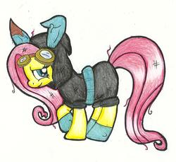 Size: 1136x1040 | Tagged: safe, artist:camidopchiz, fluttershy, pegasus, pony, g4, magic duel, bunny ears, clothes, dangerous mission outfit, female, goggles, hoodie, mare, simple background, solo, traditional art, white background