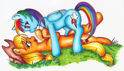 Size: 864x493 | Tagged: safe, artist:wetpaint, applejack, rainbow dash, g4, female, lesbian, ship:appledash, shipping, traditional art