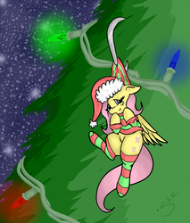 Size: 653x766 | Tagged: safe, artist:silver1kunai, fluttershy, g4, blushing, bottomless, christmas, christmas tree, clothes, female, partial nudity, sock, solo, sweater, sweatershy, tree