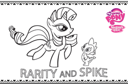 Size: 713x472 | Tagged: safe, rarity, spike, g4, coloring page, looking up, monochrome, my little pony logo, original designs, stock vector, torticollis