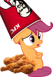 Size: 600x867 | Tagged: safe, scootaloo, pegasus, pony, g4, bucket, bucket of chicken, cannibalism joke, chicken meat, colonel sanders, female, filly, foal, food, fried chicken, kfc, meat, scootachicken, simple background, solo, white background