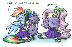 Size: 1280x842 | Tagged: safe, artist:king-kakapo, fluttershy, rainbow dash, pegasus, pony, g4, alternate hairstyle, angry, blushing, bow, cheerleader, cheerleader fluttershy, cheerleader outfit, cheerleader rainbow dash, clothes, colored, dialogue, duo, ear fluff, embarrassed, flailing, fluffy, gritted teeth, hair bow, headband, lip bite, pom pom, ponytail, scared, shoes, sitting, sneakers, socks, spread wings, wide eyes