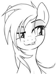 Size: 967x1280 | Tagged: safe, artist:stoic5, rainbow dash, pegasus, pony, daring don't, g4, bust, eyeshadow, female, grayscale, grin, lidded eyes, lineart, mare, monochrome, simple background, smiling, smugdash, solo, tongue out, white background