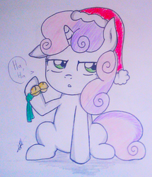 Size: 1584x1844 | Tagged: safe, artist:entou, sweetie belle, g4, female, hat, jingle bells, pun, santa hat, solo, traditional art, unamused