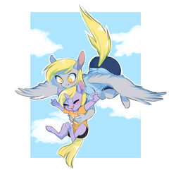 Size: 900x893 | Tagged: safe, artist:dogrot, derpy hooves, dinky hooves, anthro, g4, carrying, equestria's best mother, flying