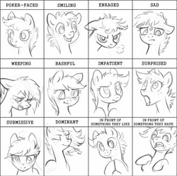 Size: 600x594 | Tagged: safe, artist:tomatocoup, oc, oc only, bashful, blushing, crying, floppy ears, freckles, happy, hooves together, impatient, looking away, looking down, looking up, monochrome, poker face, sad, sketch, surprised, surprised face, wavy mouth