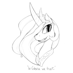 Size: 1280x1280 | Tagged: safe, artist:florecentmoo, princess celestia, changeling, g4, bust, caption, curved horn, fangs, female, grayscale, horn, monochrome, solo