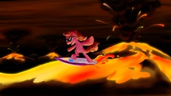 Size: 1366x768 | Tagged: safe, artist:yalcahoon, pinkie pie, earth pony, pony, g4, dark, female, how, lava, lava surfing, radical, solo, sports, sunglasses, surfing, tubular, volcano