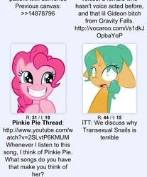 Size: 637x768 | Tagged: safe, pinkie pie, snails, g4, /mlp/, 4chan, 4chan screencap, exploitable meme, glitter shell, juxtaposition, juxtaposition win, meme, meta, transgender