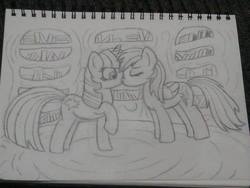 Size: 960x720 | Tagged: safe, artist:intet22, rainbow dash, twilight sparkle, g4, female, kissing, lesbian, monochrome, pencil drawing, ship:twidash, shipping, sketch, traditional art