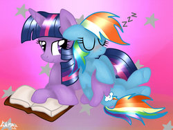 Size: 1024x768 | Tagged: safe, artist:monnarcha, rainbow dash, twilight sparkle, alicorn, pony, g4, blushing, female, hug, lesbian, mare, ship:twidash, shipping, sleeping, smiling, twilight sparkle (alicorn), winghug