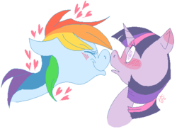 Size: 531x386 | Tagged: safe, artist:stevetwisp, rainbow dash, twilight sparkle, pony, g4, blushing, boop, embarrassed, eyes closed, female, heart, kissing, lesbian, noseboop, nuzzling, open mouth, ship:twidash, shipping, simple background, smiling, surprised, wide eyes