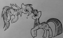 Size: 1024x617 | Tagged: safe, artist:themoonraven, rainbow dash, twilight sparkle, alicorn, pony, g4, female, flying, heart, lesbian, mare, monochrome, ship:twidash, shipping, smiling, twilight sparkle (alicorn)