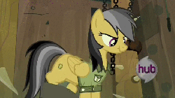 Size: 692x388 | Tagged: safe, screencap, daring do, pegasus, pony, daring don't, g4, animated, female, fortress of talacon, gif, hub logo, mare, scrunchy face, solo, stomping