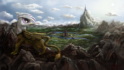 Size: 1920x1080 | Tagged: safe, artist:anttosik, gilda, griffon, g4, canterlot, canterlot mountain, female, looking back, looking over shoulder, mountain, painting, ponyville, ponyville town hall, scenery, solo
