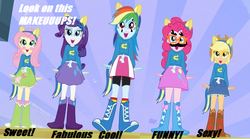 Size: 779x434 | Tagged: safe, applejack, fluttershy, pinkie pie, rainbow dash, rarity, equestria girls, g4, exploitable meme, makeup, meme, moustache, wondercolts, wondercolts meme