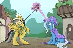 Size: 1000x667 | Tagged: safe, artist:spainfischer, daring do, trixie, pegasus, pony, unicorn, g4, alicorn amulet, clothes, female, horn, mare, rearing, rope, tug of war