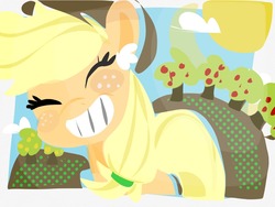Size: 1024x768 | Tagged: safe, artist:supernoncutie, applejack, g4, eyes closed, female, orchard, smiling, solo