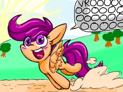 Size: 1024x768 | Tagged: safe, artist:supernoncutie, scootaloo, g4, dirt, female, one word, onomatopoeia, solo, speech bubble, vroom