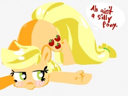 Size: 1024x768 | Tagged: safe, artist:supernoncutie, applejack, pony, g4, accent, dialogue, face down ass up, female, funetik aksent, hatless, lineless, missing accessory, silly, silly pony, simple background, solo, speech bubble, who's a silly pony