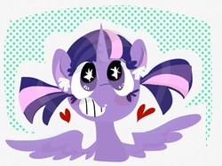 Size: 1024x768 | Tagged: safe, artist:supernoncutie, twilight sparkle, alicorn, pony, g4, adorkable, alternate hairstyle, cute, dork, female, grin, heart, mare, pigtails, smiling, solo, sparkles, spread wings, twiabetes, twilight sparkle (alicorn)