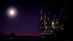 Size: 2560x1440 | Tagged: safe, artist:chritsel, 3d, canterlot, mare in the moon, moon, night, scenery