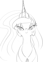 Size: 655x934 | Tagged: safe, artist:zev, princess celestia, g4, bedroom eyes, female, grayscale, monochrome, solo