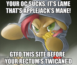 Size: 612x517 | Tagged: safe, babs seed, earth pony, pony, g4, babs the rapper, clothes, exploitable meme, female, filly, hoodie, image macro, implied applejack, meme, nose wrinkle, solo, twilight scepter