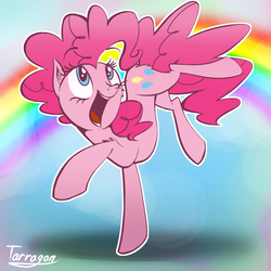 Size: 1000x1000 | Tagged: dead source, safe, artist:tarragon2000, pinkie pie, earth pony, pony, g4, butt fluff, cheek fluff, cute, diapinkes, ear fluff, female, leg fluff, mare, open mouth, rainbow, solo