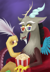 Size: 2480x3508 | Tagged: safe, artist:eljonek, discord, g4, 3d glasses, male, popcorn, solo