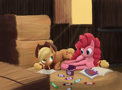 Size: 1272x936 | Tagged: safe, artist:bakuel, applejack, pinkie pie, g4, crayon, drawing, hay, hay bale, mouth hold, pencil