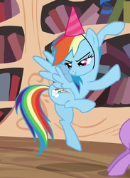 Size: 736x1004 | Tagged: safe, screencap, rainbow dash, pony, daring don't, g4, butt, cropped, female, flying, hat, mare, national random holiday party day, party hat, plot, solo