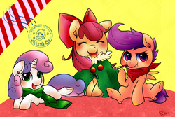 Size: 1200x800 | Tagged: safe, artist:phyllismi, apple bloom, scootaloo, sweetie belle, g4, adorabloom, bandana, candy cane, cape, christmas, clothes, cute, cutealoo, cutie mark crusaders, diasweetes, holiday, mouth hold, prone, scarf, sitting, stamp
