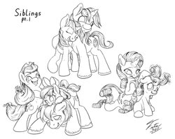 Size: 1024x816 | Tagged: safe, artist:tsitra360, apple bloom, applejack, big macintosh, rarity, shining armor, sweetie belle, twilight sparkle, earth pony, pony, g4, brother and sister, lineart, male, monochrome, siblings, sisters, stallion