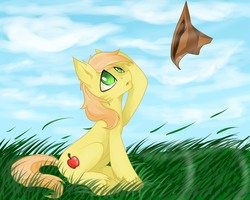 Size: 2000x1600 | Tagged: safe, artist:santagiera, braeburn, earth pony, pony, g4, ear fluff, grass, hat, looking up, male, outdoors, sitting, sky, solo, stallion, unshorn fetlocks, wind