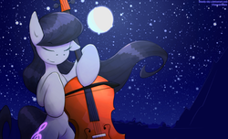 Size: 3660x2219 | Tagged: safe, artist:n_thing, octavia melody, earth pony, pony, g4, bow (instrument), cello, eyes closed, female, full moon, mare, moon, musical instrument, night, night sky, outdoors, sky, solo, stars