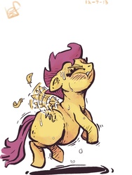 Size: 750x1000 | Tagged: safe, artist:holotuff, scootaloo, g4, fat, female, flying fail, foal, grounded, obese, scootalard, scootaloo can't fly, solo