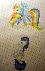 Size: 1024x1615 | Tagged: safe, artist:ilovethisrainbows, rainbow dash, soarin', alicorn, pony, g4, race swap, rainbowcorn, traditional art