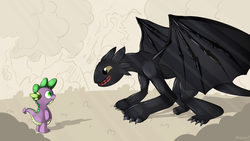 Size: 3000x1687 | Tagged: safe, artist:malamol, spike, dragon, night fury, g4, crossover, dreamworks, duo, duo male, eye contact, how to train your dragon, male, smiling, toothless, toothless the dragon