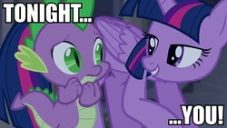 Size: 960x540 | Tagged: safe, edit, edited screencap, screencap, spike, twilight sparkle, alicorn, dragon, pony, castle mane-ia, g4, caption, female, implied foalcon, looking at each other, male, mare, meme, out of context, ship:twispike, shipping, straight, tonight you, twilight sparkle (alicorn)