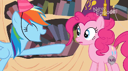 Size: 500x281 | Tagged: safe, screencap, pinkie pie, rainbow dash, pony, daring don't, g4, animated, female, fez, hat, hub logo, invisible trombone, national random holiday party day, party hat