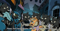 Size: 637x334 | Tagged: safe, applejack, queen chrysalis, changeling, ponies: the anthology 3, g4, anime, fake screencap, inferno cop, parody, style emulation, subtitles, trigger, youtube