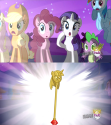 Size: 910x1024 | Tagged: safe, applejack, fluttershy, pinkie pie, rainbow dash, rarity, spike, g4, alicorn flash, exploitable meme, hub logo, meme, memeception, twilight scepter