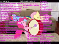 Size: 1024x768 | Tagged: safe, apple bloom, applejack, babs seed, fluttershy, lightning dust, pinkie pie, princess cadance, princess celestia, princess luna, rainbow dash, rarity, scootaloo, shining armor, sweetie belle, twilight sparkle, g4, birthday game, couch, cutie mark crusaders, exploitable meme, irl, mane six, meme, photo, ponies in real life, text