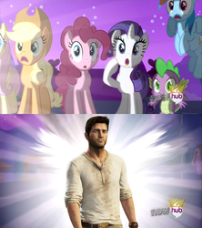 Size: 910x1024 | Tagged: safe, applejack, fluttershy, pinkie pie, rainbow dash, rarity, spike, g4, alicorn flash, exploitable meme, hub logo, meme, nathan drake, uncharted