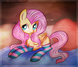 Size: 997x856 | Tagged: safe, artist:crocelif, fluttershy, g4, clothes, female, socks, solo, striped socks