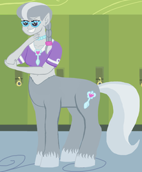 Size: 1483x1797 | Tagged: safe, artist:oneovertwo, silver spoon, centaur, taur, equestria girls, g4, clothes, female, glasses, grin, midriff, shirt, smiling, solo, unshorn fetlocks