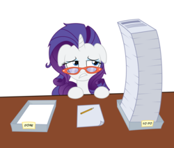 Size: 8500x7231 | Tagged: safe, artist:agamnentzar, artist:glitchking123, rarity, pony, unicorn, g4, absurd resolution, female, floppy ears, frown, glasses, gritted teeth, horn, mare, messy mane, office, paper, pencil, pile, simple background, solo, table, tired, transparent background, work