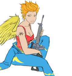 Size: 815x858 | Tagged: safe, artist:eve-ashgrove, spitfire, human, g4, female, gun, humanized, light skin, rifle, sig 550, solo, weapon, winged humanization