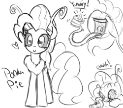 Size: 1250x1100 | Tagged: safe, artist:wuzzlefluff, pinkie pie, mothpony, original species, g4, cupcake, eating, female, flashlight (object), food, monochrome, moth pony general, simple background, sketch dump, species swap, tentacle tongue, tongue out, torch, white background